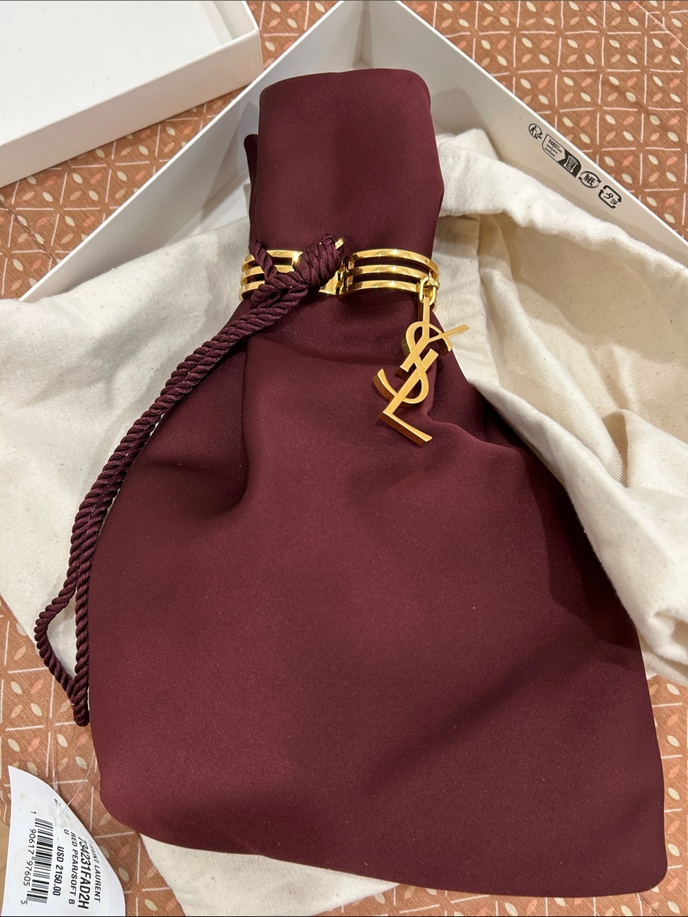 Yves Saint Laurent Burgundy Satin Drawstring Pouch with Gold Hardware